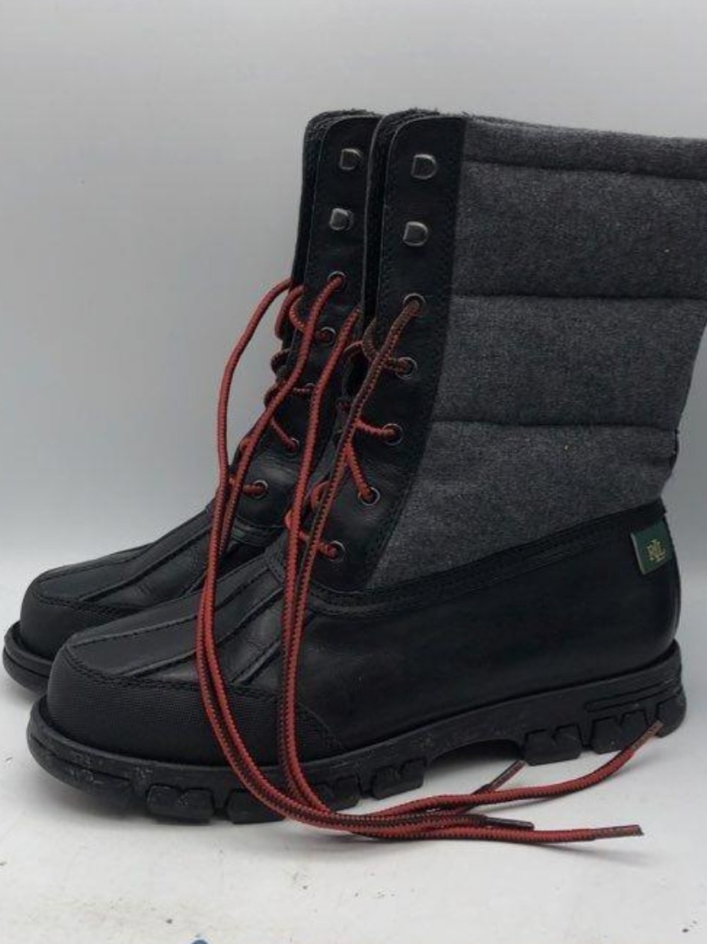 Ralph Lauren Black and Gray Lace-Up Insulated Winter Boots with Red Laces
